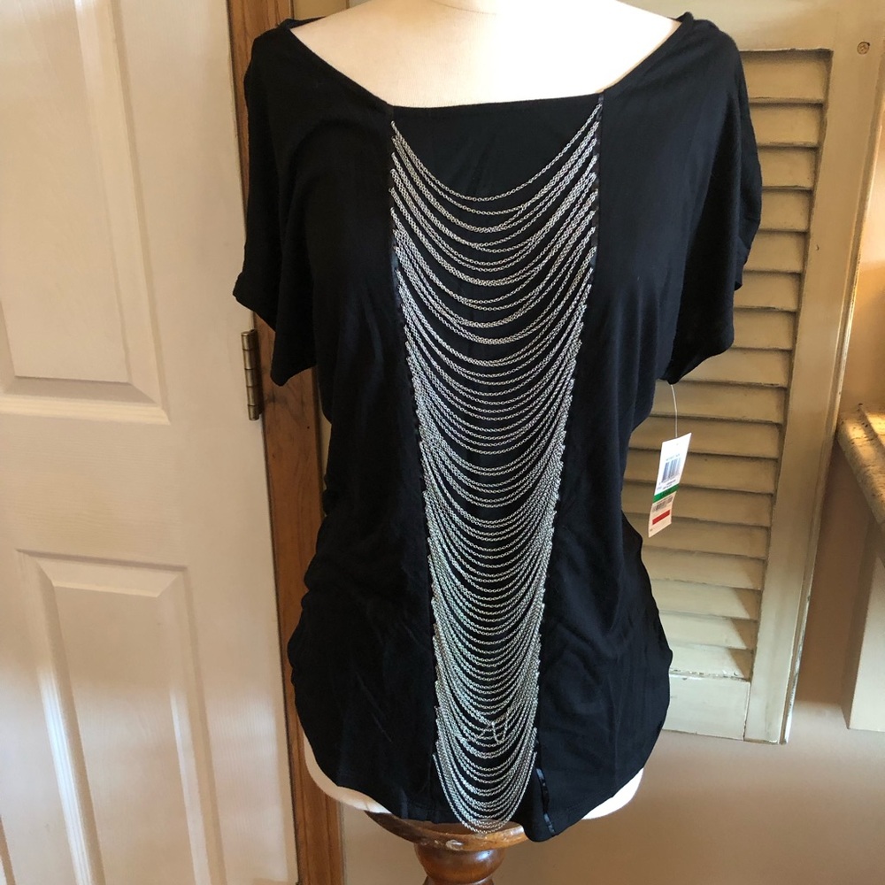 INC International Concepts BEAUTIFUL Black Blouse with Silver Chain Accent